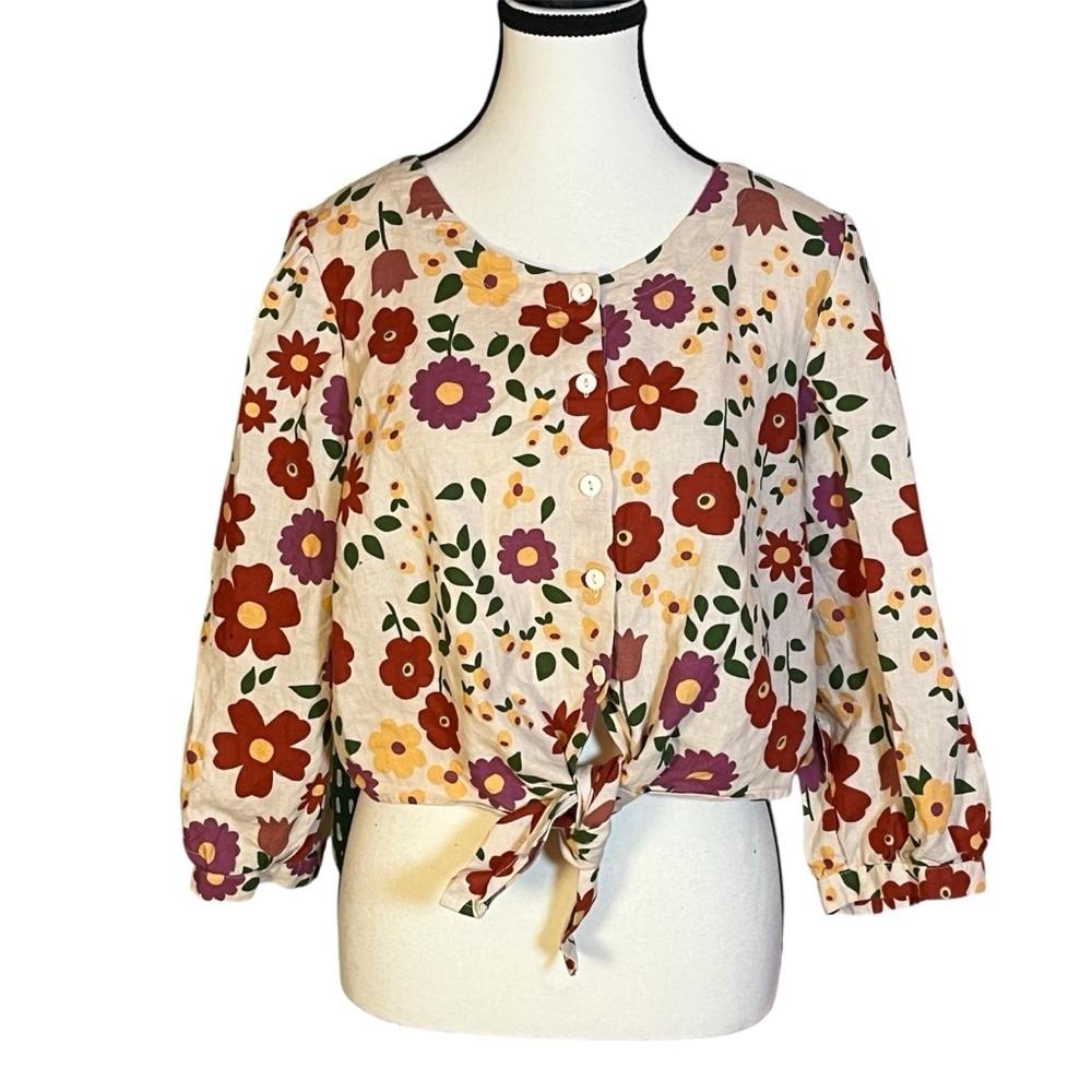 Modcloth X Princess Highway Flower Power Tie Waist Top Size 14 Linen Blend Retro